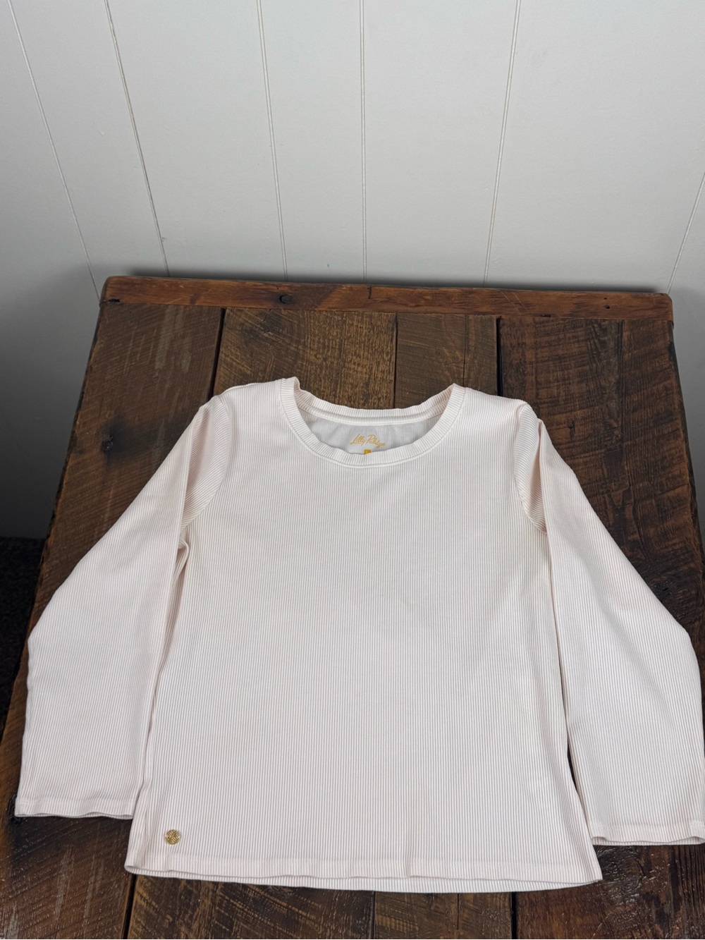 Lilly Pulitzer Ribbed Long Sleeve Top Ivory/Pale Pink Stretch Knit Size L